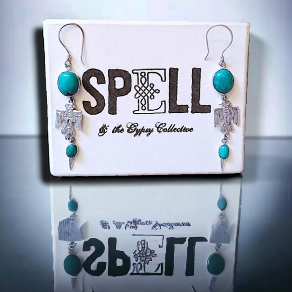 Vintage Spell Designs RARE Bohemian Genuine Turquoise Silvertone Drop Earrings - Picture 2 of 7